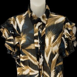 Double Ruffle Flutter Sleeve Print Chiffon Blouse